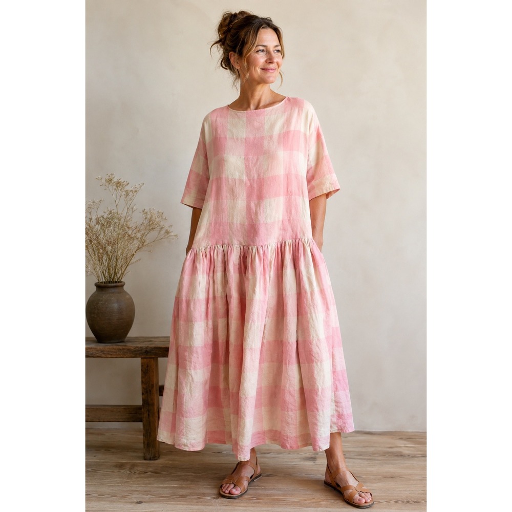 Apuntob Drop Waist Dress 2 US M Pink Gingham Check Linen Pockets Oversize Italy